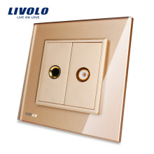 Livolo Gold Crystal Glass Panel VL-C791MVD-13 Wall Microphone and Video Socket Outlet Electric Plug